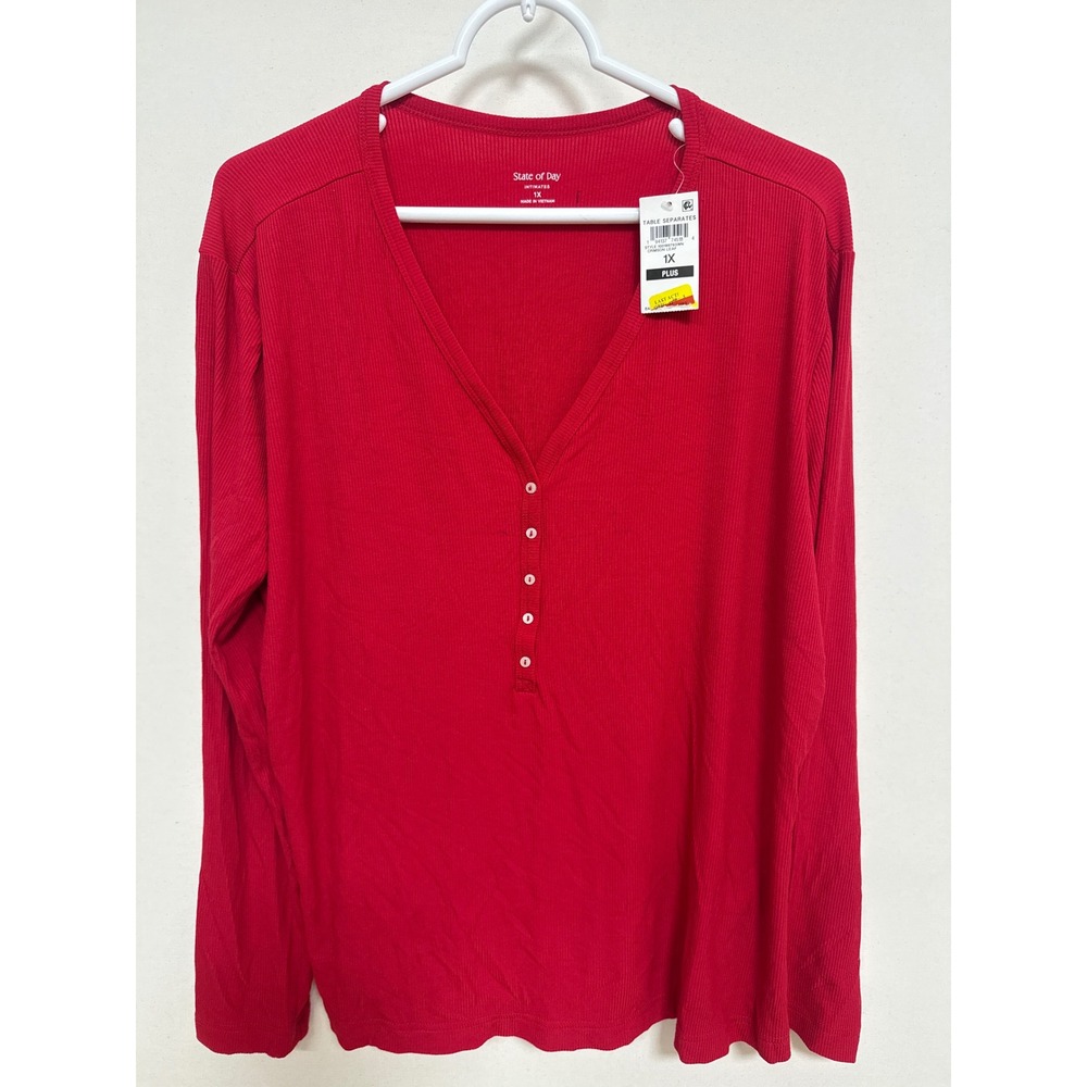 State of Day Intimates Henley Top Red Ribbed Long Sleeve Pajama Shirt 1X NEW